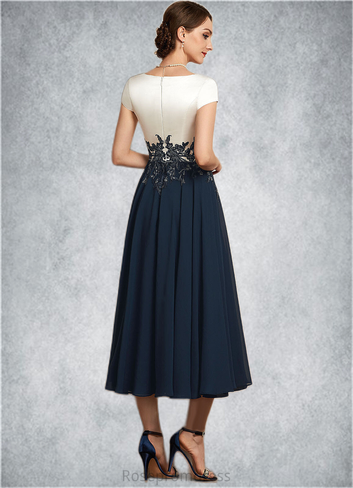 Cristal A-Line V-neck Tea-Length Chiffon Lace Mother of the Bride Dress SRSP0014539