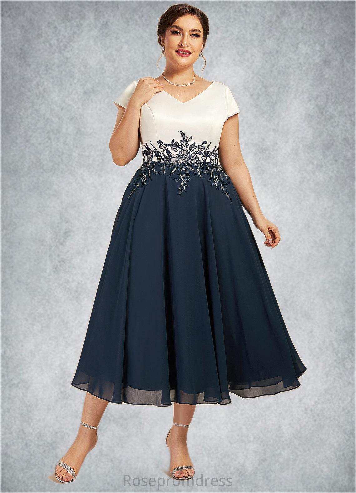Cristal A-Line V-neck Tea-Length Chiffon Lace Mother of the Bride Dress SRSP0014539