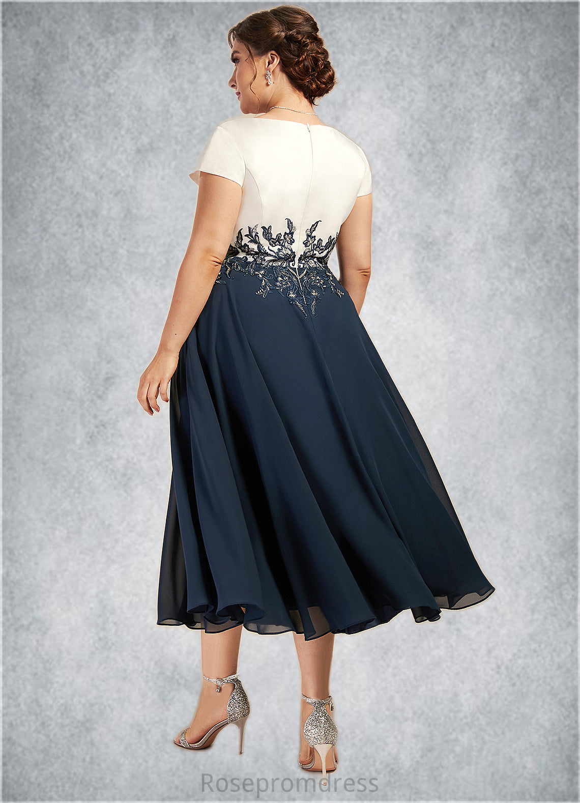 Cristal A-Line V-neck Tea-Length Chiffon Lace Mother of the Bride Dress SRSP0014539
