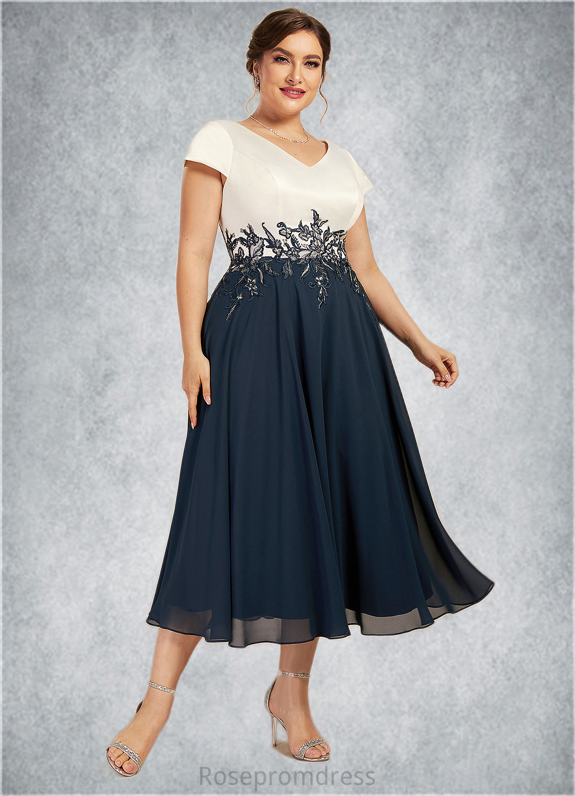 Cristal A-Line V-neck Tea-Length Chiffon Lace Mother of the Bride Dress SRSP0014539