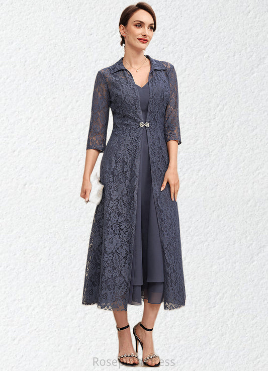 Hallie A-line V-Neck Tea-Length Chiffon Mother of the Bride Dress SRSP0014540