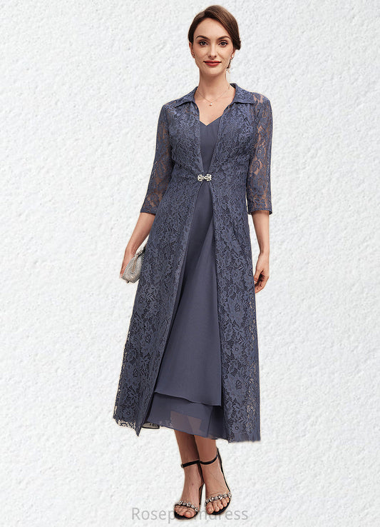 Hallie A-line V-Neck Tea-Length Chiffon Mother of the Bride Dress SRSP0014540