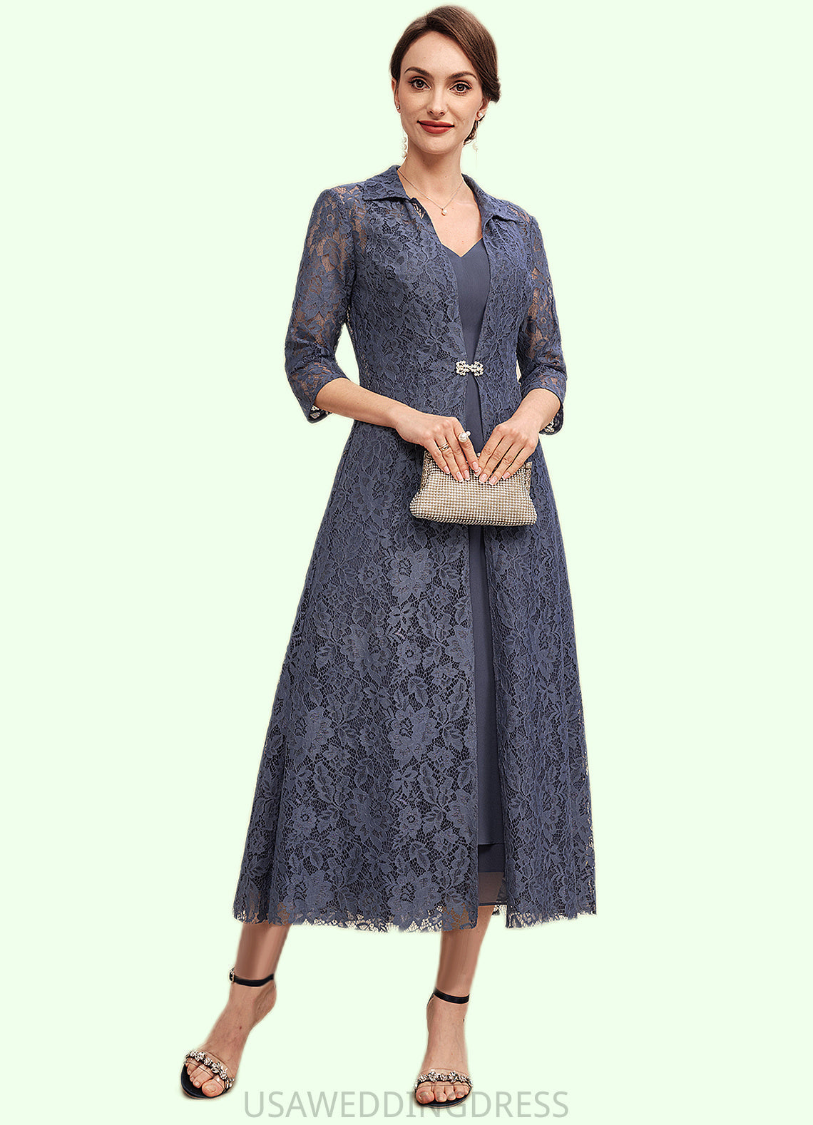 Eve A-line V-Neck Tea-Length Chiffon Mother of the Bride Dress DS126P0014540