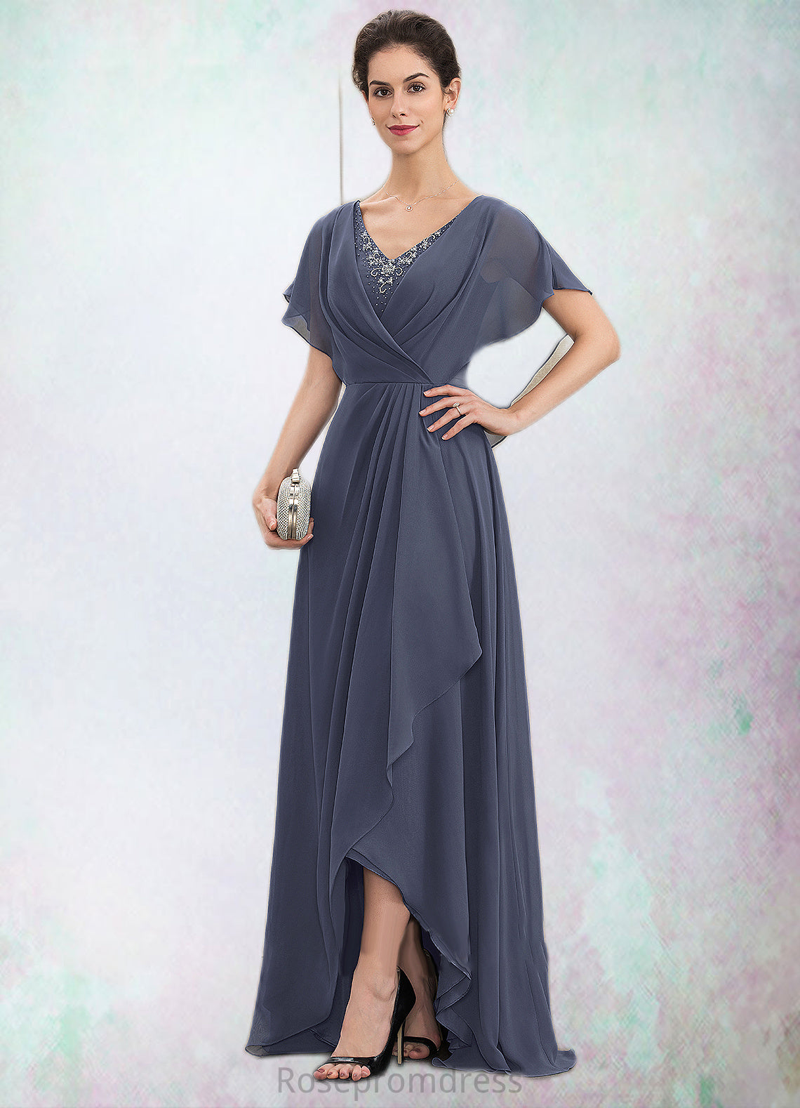 Saniya A-Line V-neck Asymmetrical Chiffon Mother of the Bride Dress With Beading Sequins SRSP0014541