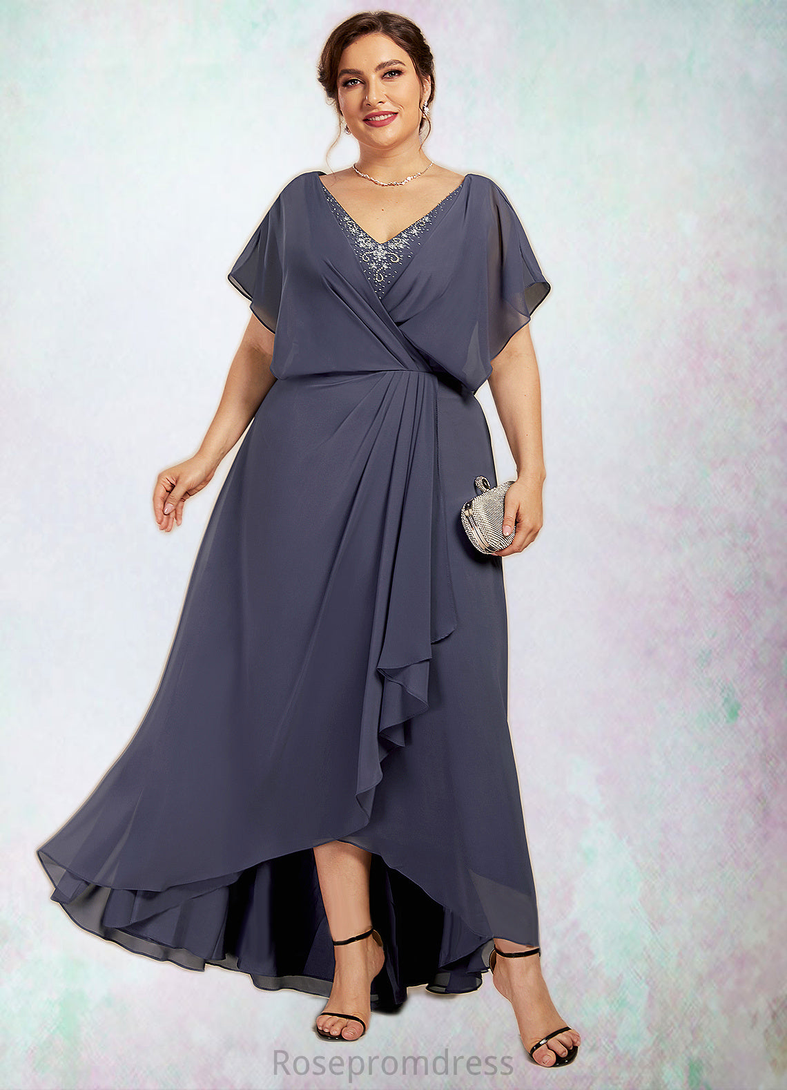 Saniya A-Line V-neck Asymmetrical Chiffon Mother of the Bride Dress With Beading Sequins SRSP0014541