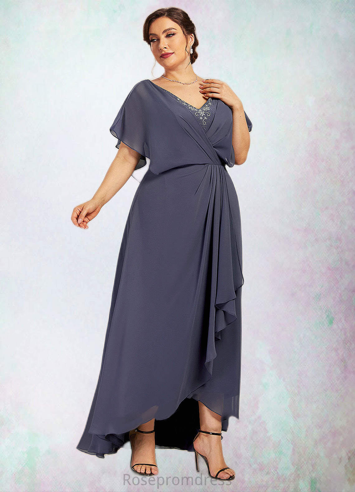 Saniya A-Line V-neck Asymmetrical Chiffon Mother of the Bride Dress With Beading Sequins SRSP0014541