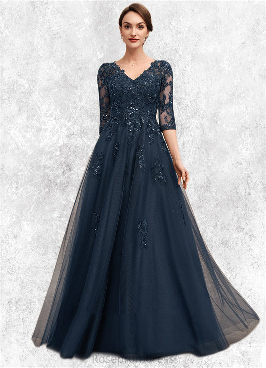 Nadine A-Line V-neck Floor-Length Tulle Lace Mother of the Bride Dress With Sequins SRSP0014543