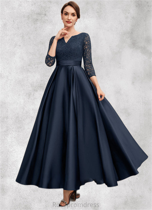 Aria A-Line V-neck Ankle-Length Satin Lace Mother of the Bride Dress With Beading SRSP0014545