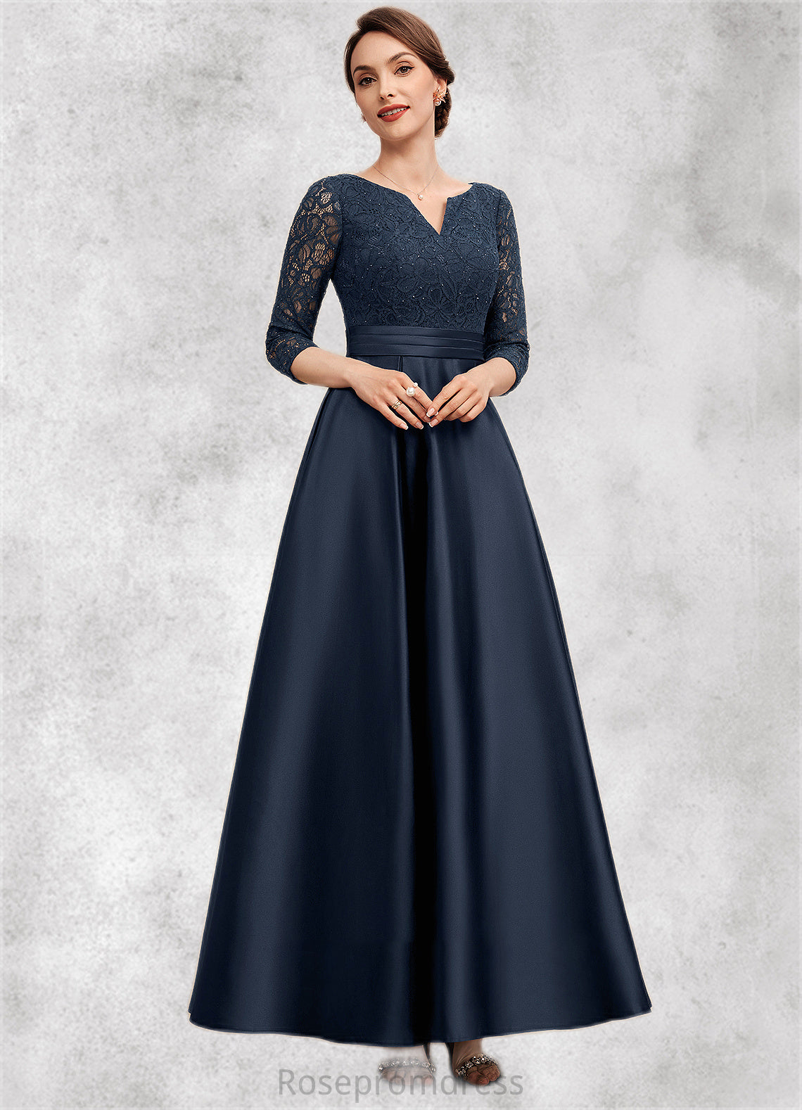 Aria A-Line V-neck Ankle-Length Satin Lace Mother of the Bride Dress With Beading SRSP0014545