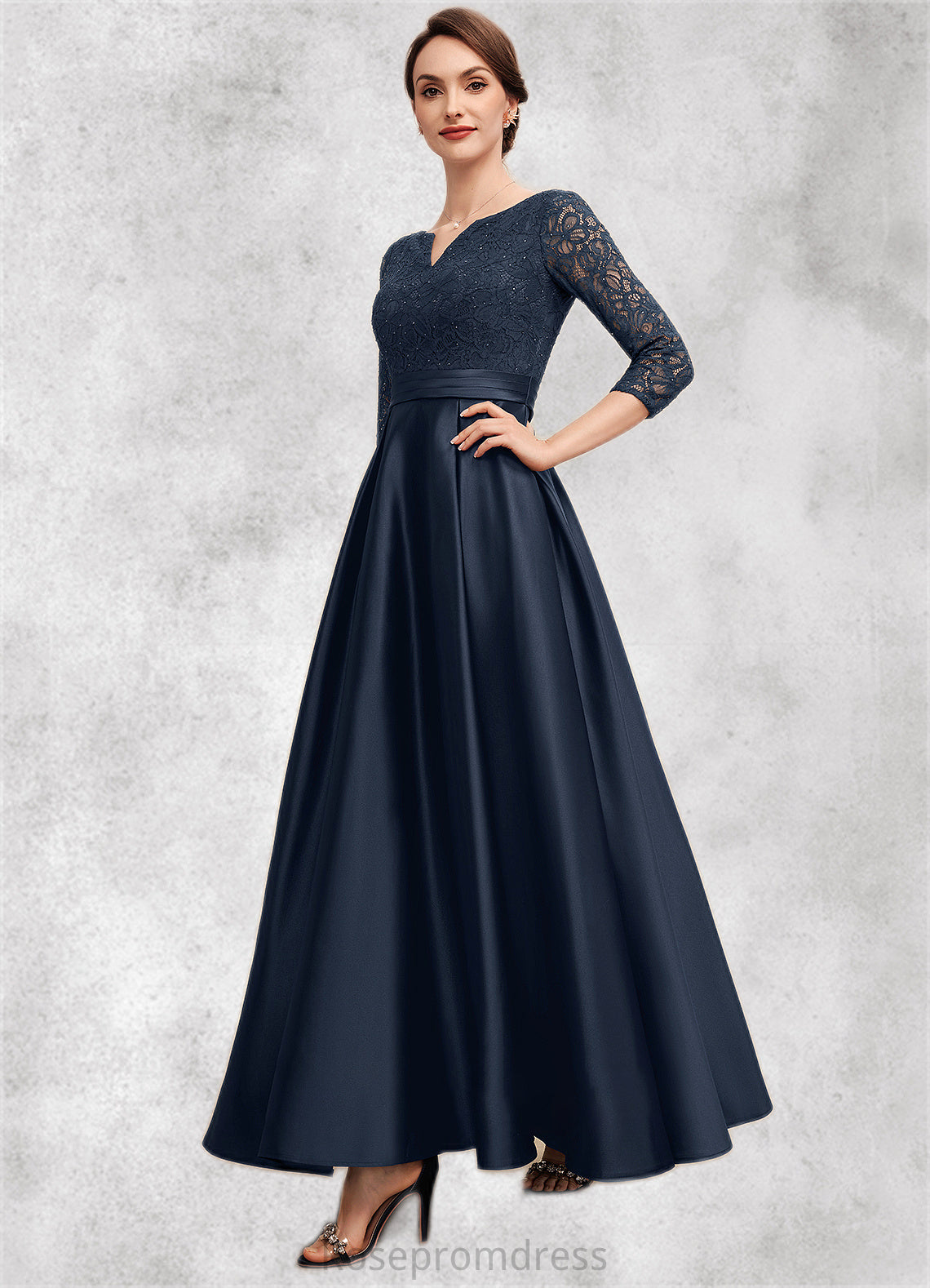 Aria A-Line V-neck Ankle-Length Satin Lace Mother of the Bride Dress With Beading SRSP0014545