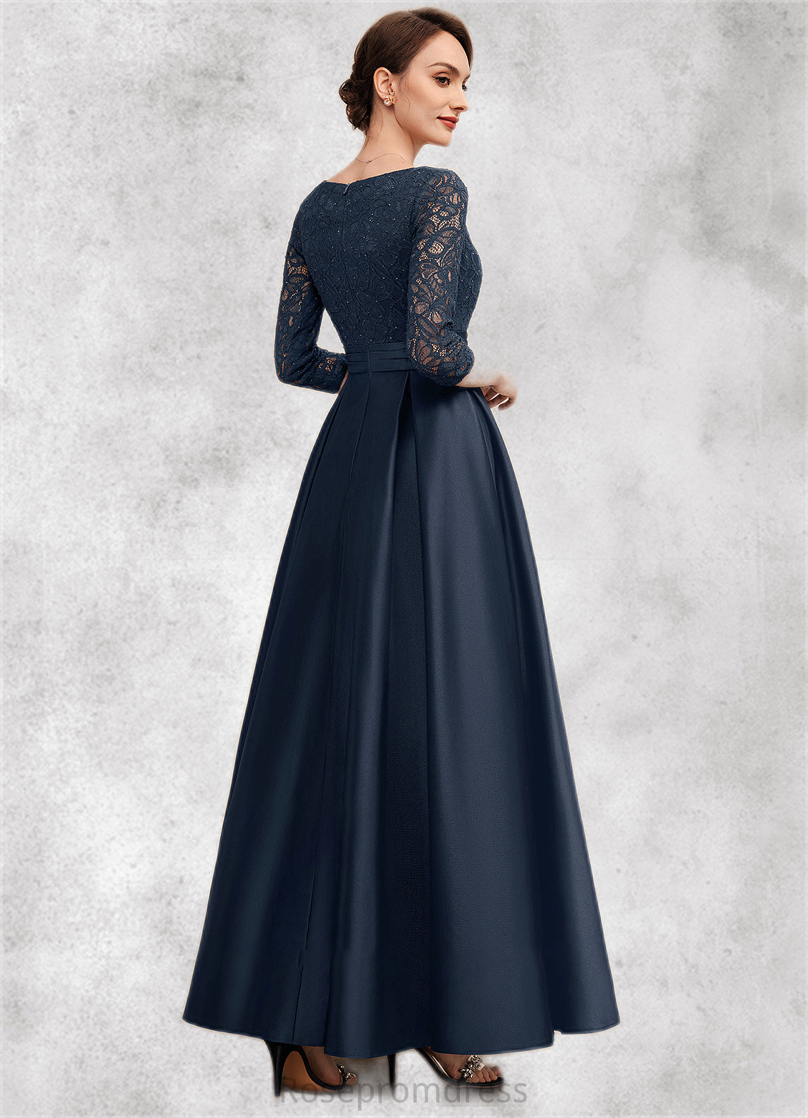 Aria A-Line V-neck Ankle-Length Satin Lace Mother of the Bride Dress With Beading SRSP0014545