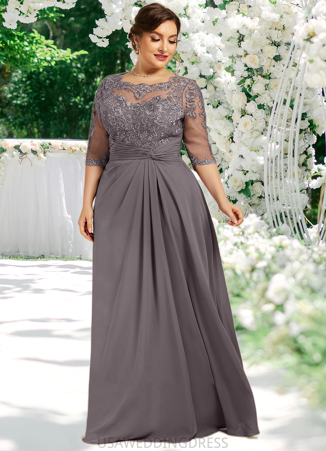 Harriet A-Line Scoop Neck Floor-Length Chiffon Lace Mother of the Bride Dress With Beading Sequins DS126P0014546