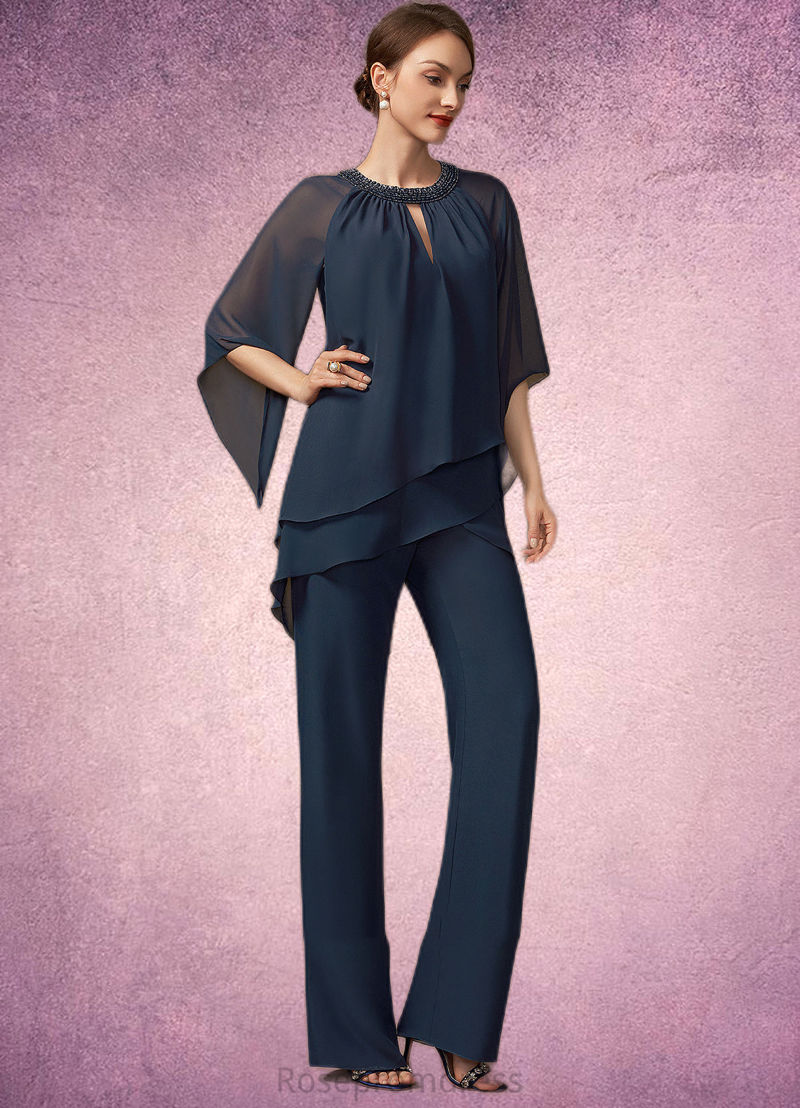 Dominique Jumpsuit/Pantsuit Scoop Neck Chiffon Mother of the Bride Dress With Beading Sequins SRSP0014547