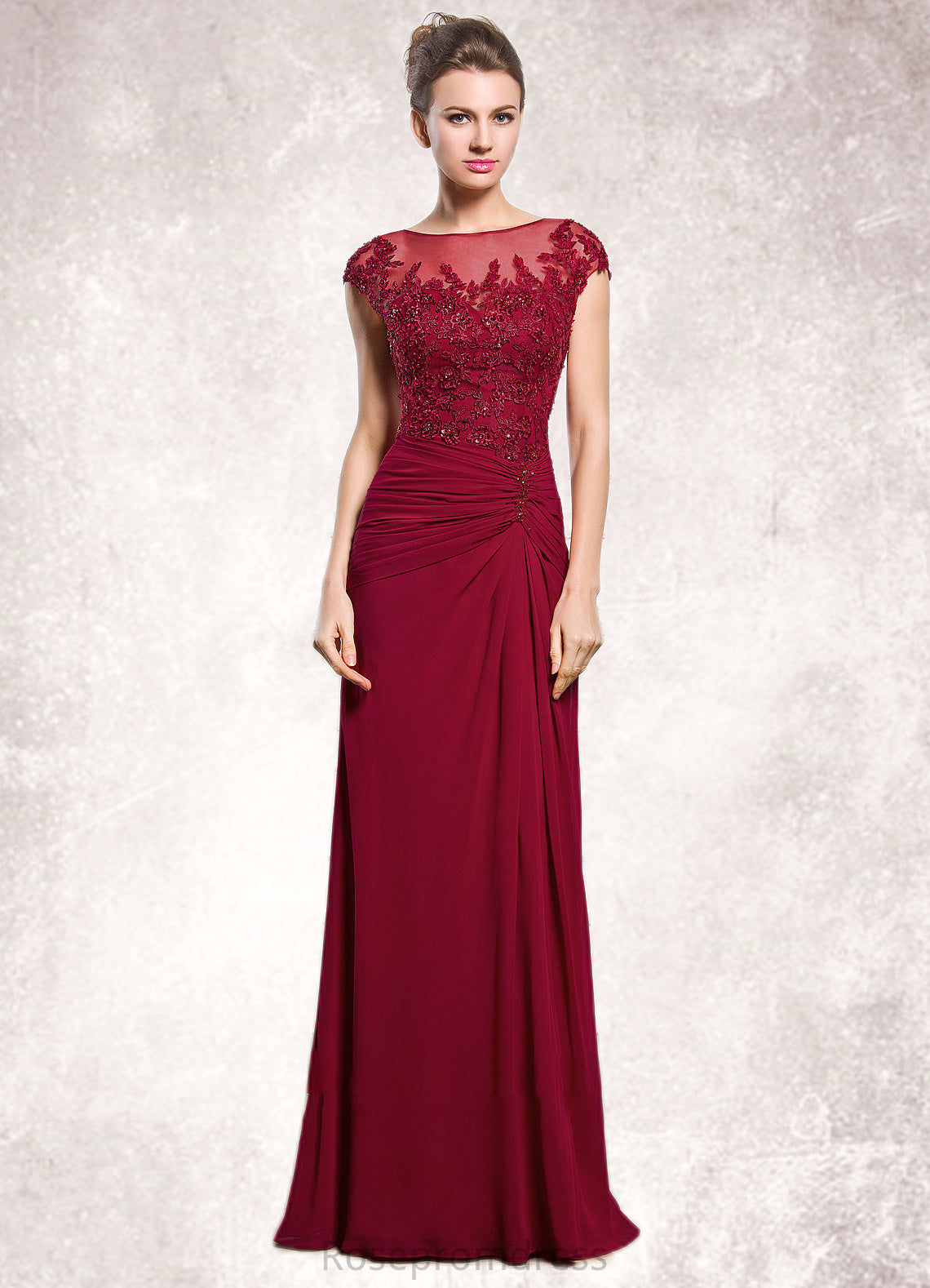 Aspen Sheath/Column Scoop Neck Floor-Length Chiffon Mother of the Bride Dress With Ruffle Beading Appliques Lace Sequins Split Front SRSP0014549
