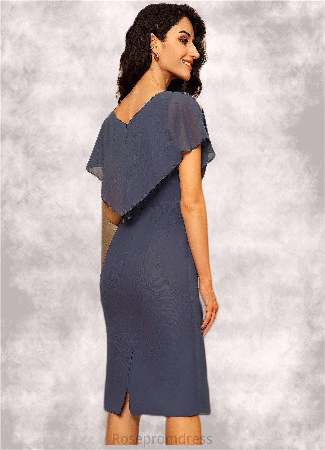 Amara Sheath/Column V-neck Knee-Length Chiffon Mother of the Bride Dress With Ruffle SRSP0014552