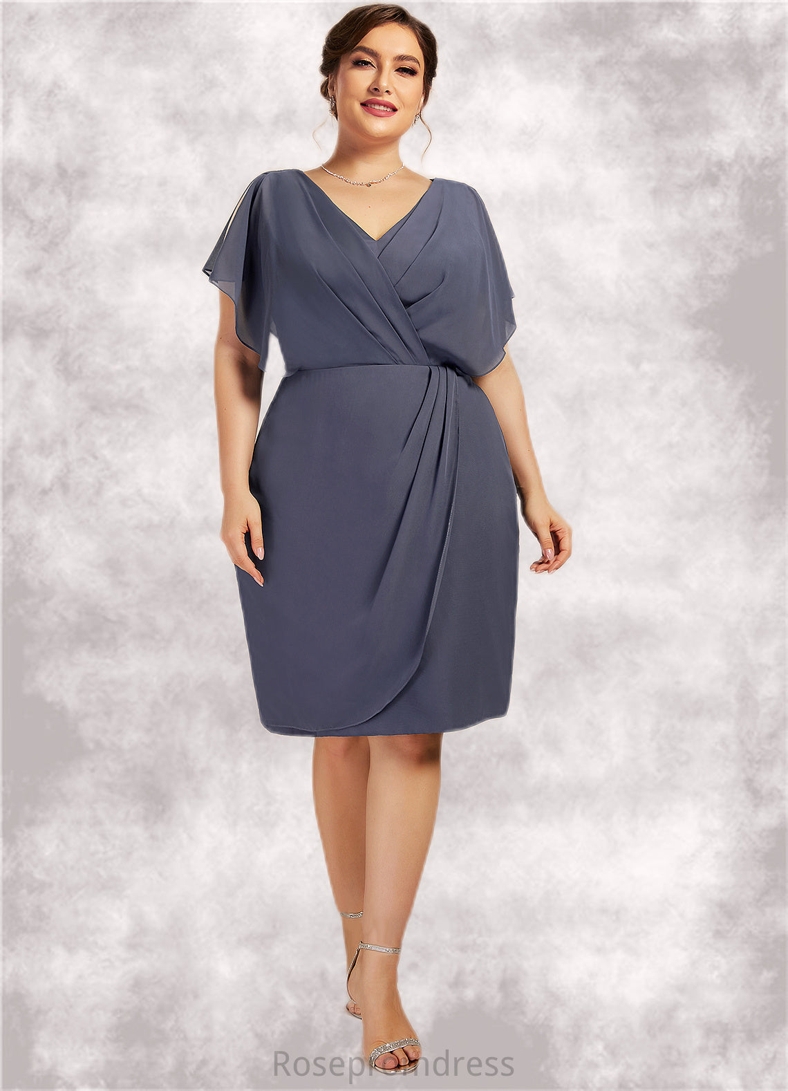 Amara Sheath/Column V-neck Knee-Length Chiffon Mother of the Bride Dress With Ruffle SRSP0014552