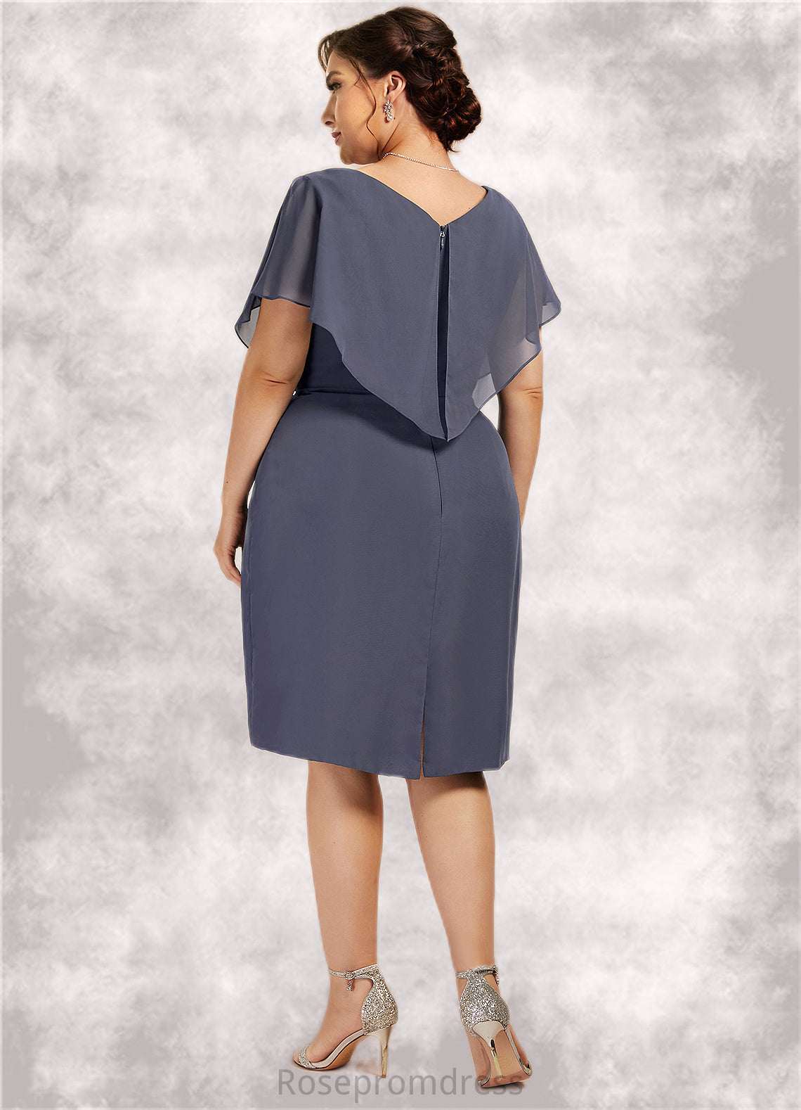Amara Sheath/Column V-neck Knee-Length Chiffon Mother of the Bride Dress With Ruffle SRSP0014552
