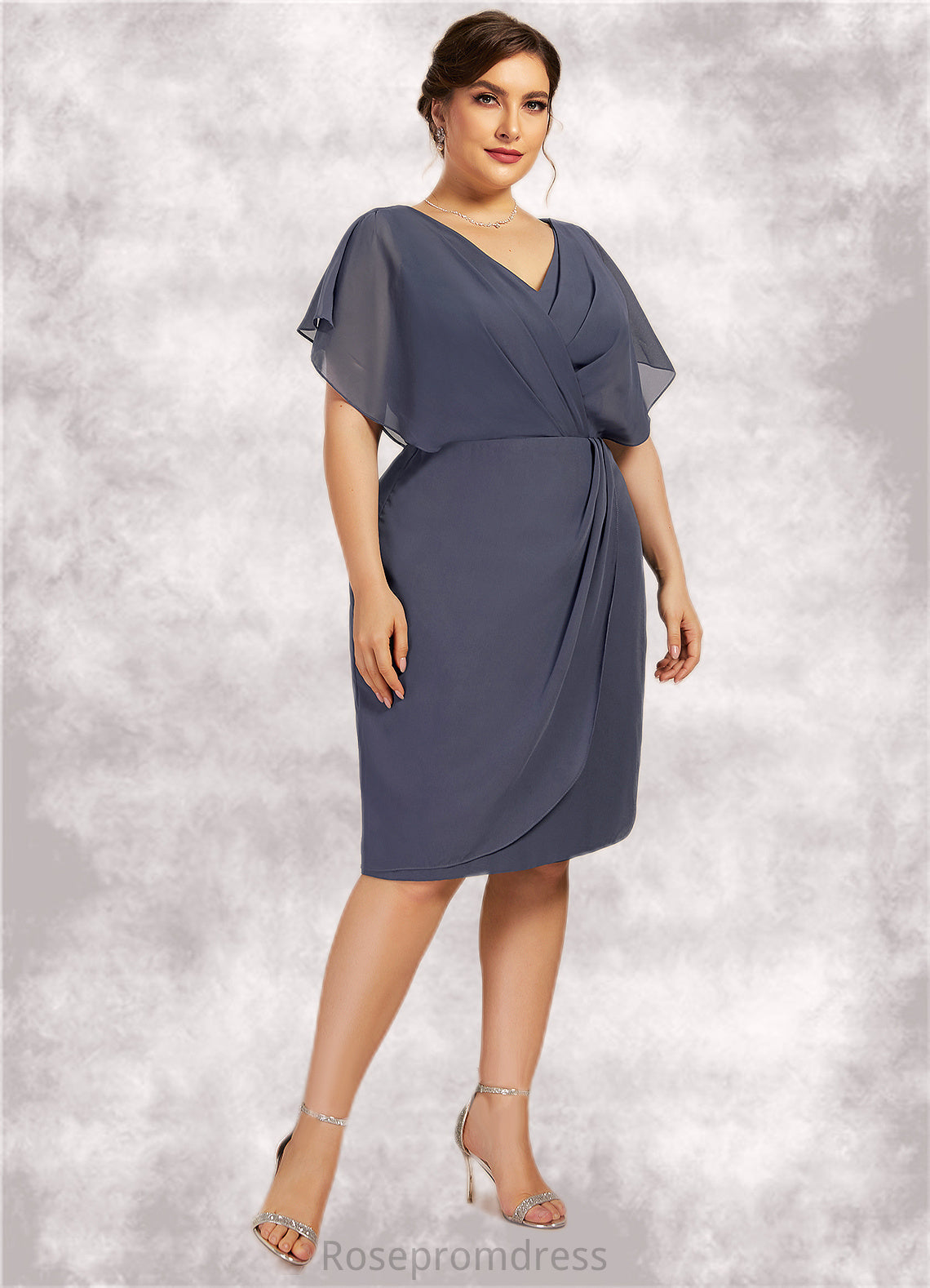 Amara Sheath/Column V-neck Knee-Length Chiffon Mother of the Bride Dress With Ruffle SRSP0014552
