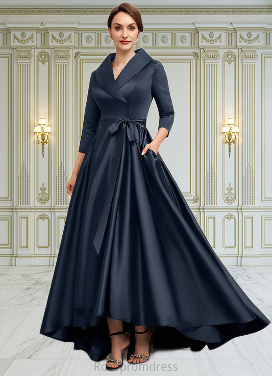 Bryanna A-Line V-neck Asymmetrical Satin Mother of the Bride Dress With Bow(s) Pockets SRSP0014553