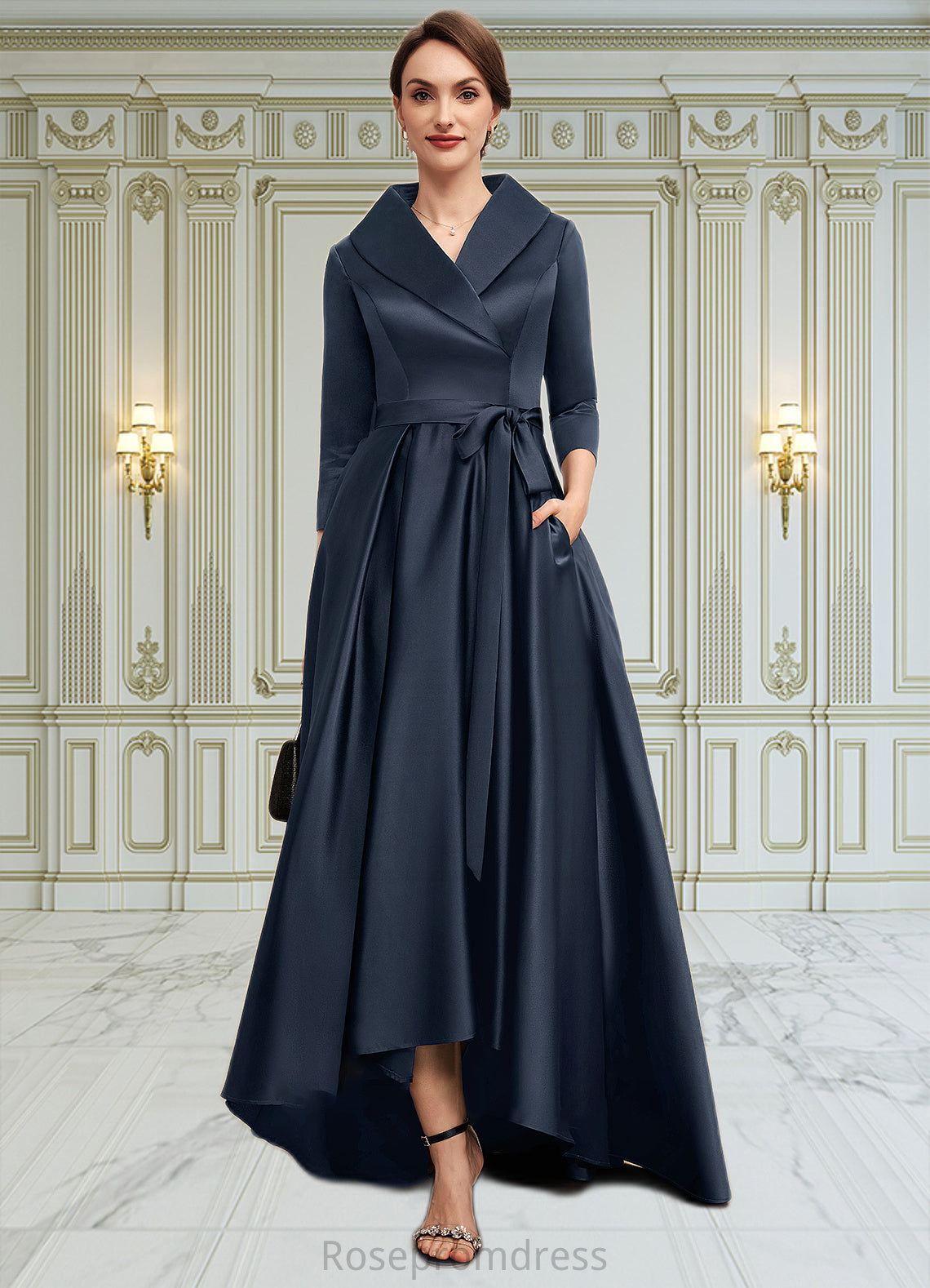 Bryanna A-Line V-neck Asymmetrical Satin Mother of the Bride Dress With Bow(s) Pockets SRSP0014553