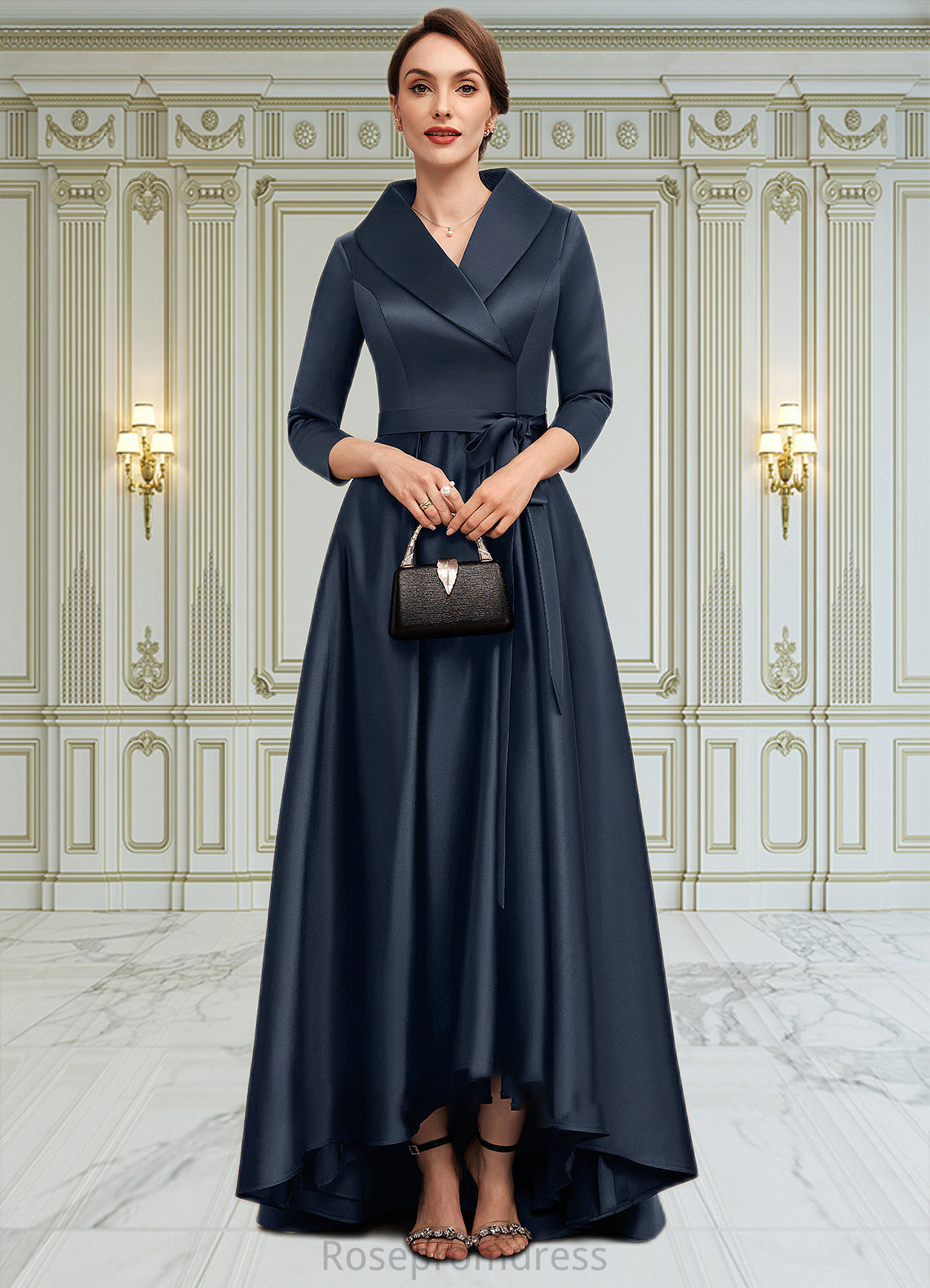 Bryanna A-Line V-neck Asymmetrical Satin Mother of the Bride Dress With Bow(s) Pockets SRSP0014553