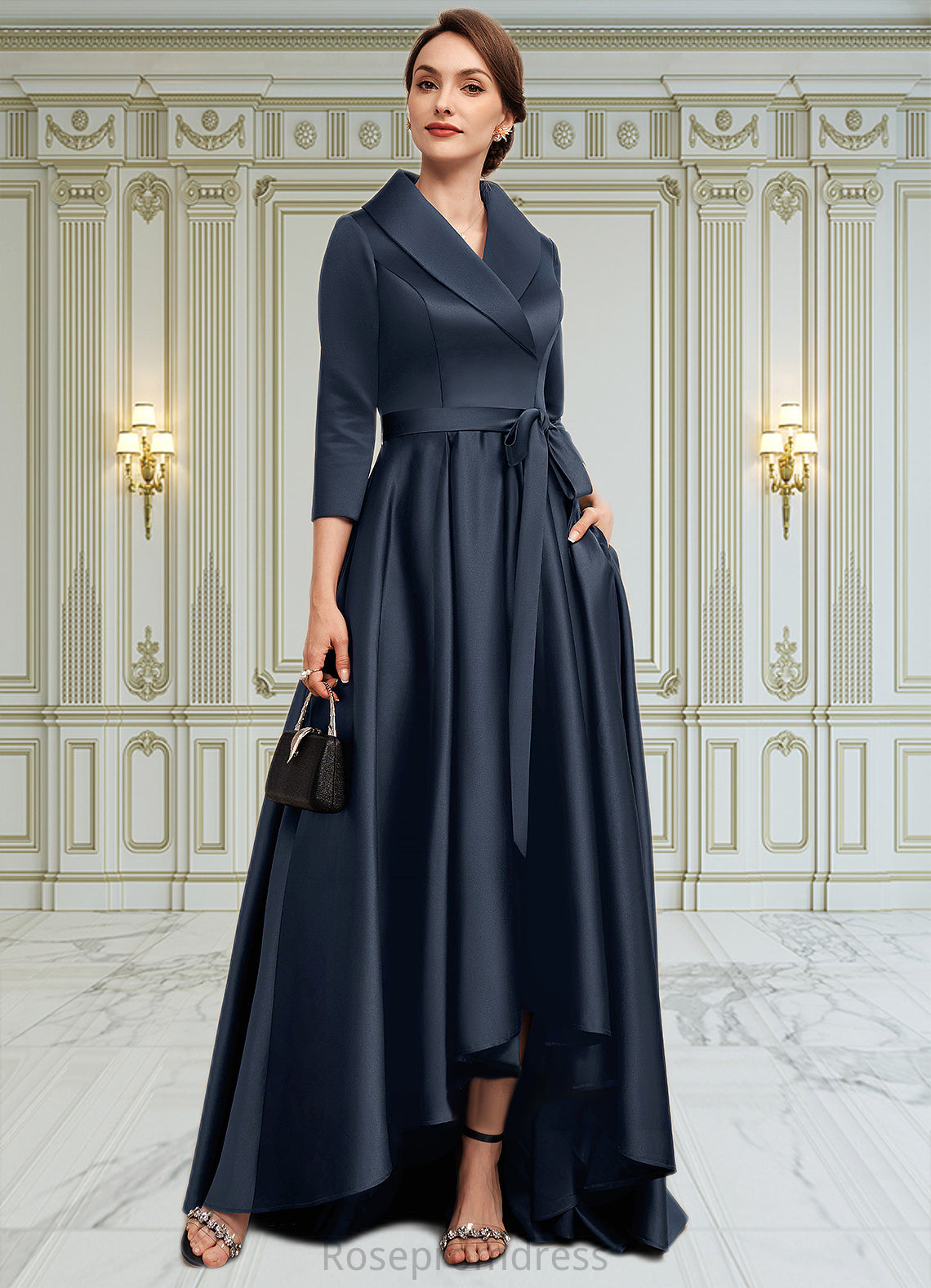 Bryanna A-Line V-neck Asymmetrical Satin Mother of the Bride Dress With Bow(s) Pockets SRSP0014553