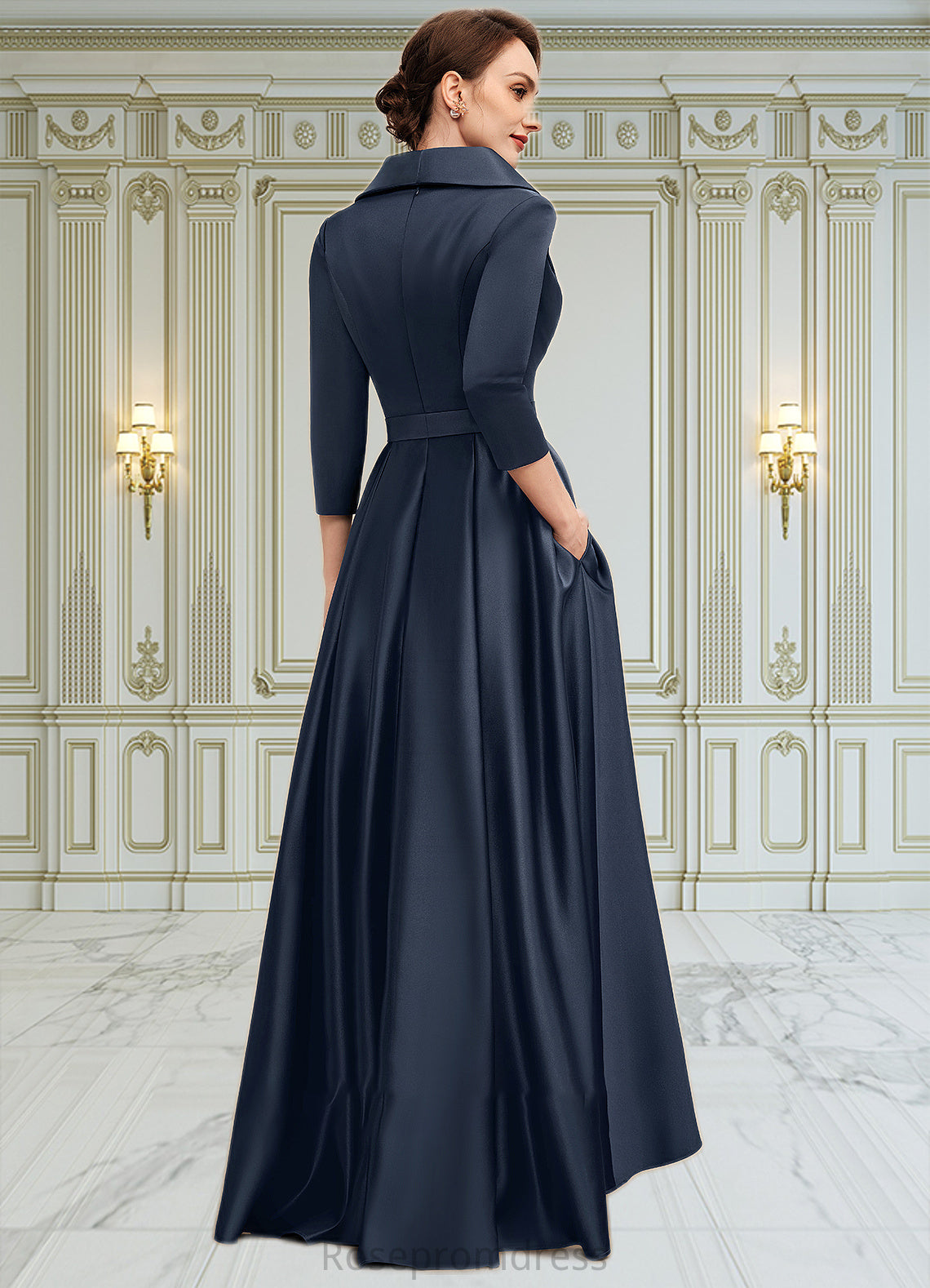Bryanna A-Line V-neck Asymmetrical Satin Mother of the Bride Dress With Bow(s) Pockets SRSP0014553