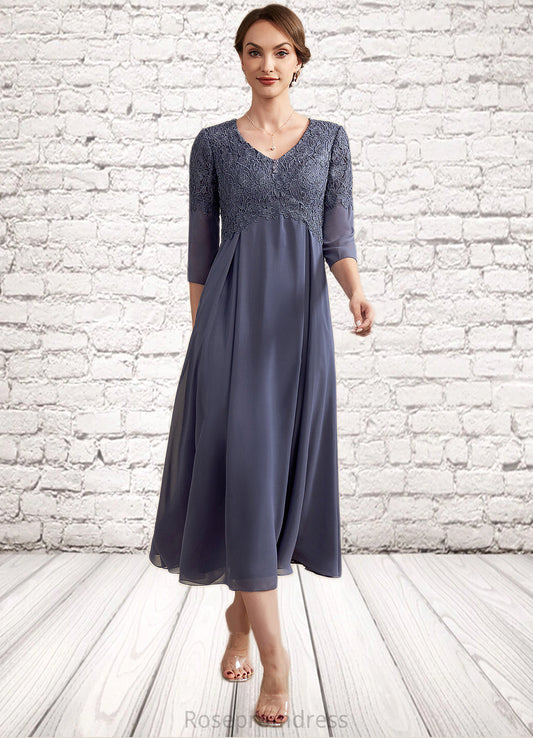 Aryanna A-line V-Neck Tea-Length Chiffon Lace Mother of the Bride Dress With Beading SRSP0014554