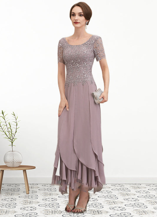 Kaitlynn A-Line Scoop Neck Ankle-Length Chiffon Lace Mother of the Bride Dress With Cascading Ruffles SRSP0014555