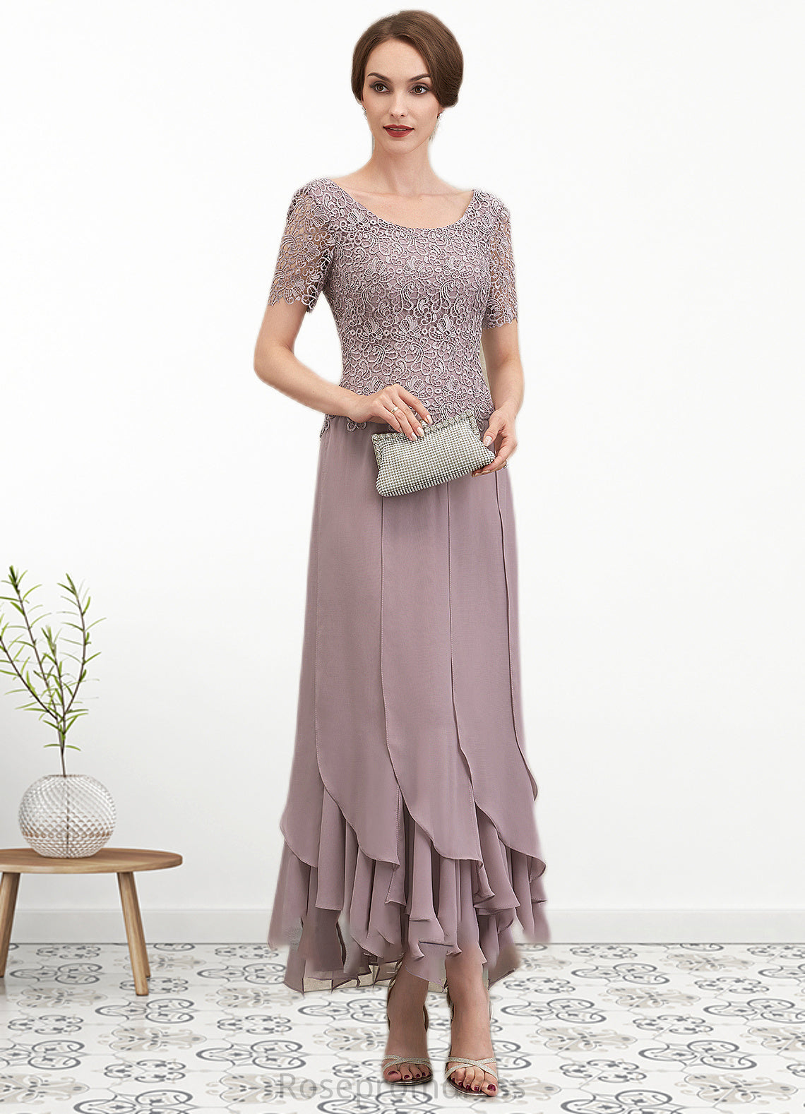 Kaitlynn A-Line Scoop Neck Ankle-Length Chiffon Lace Mother of the Bride Dress With Cascading Ruffles SRSP0014555