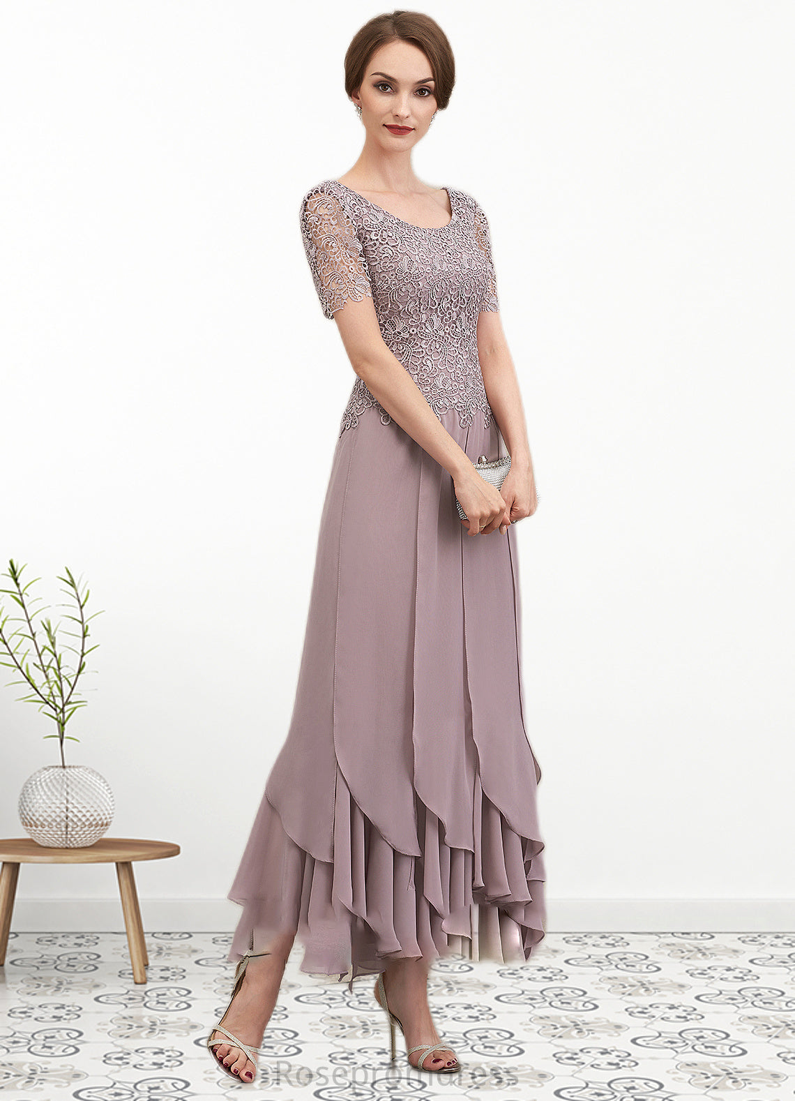 Kaitlynn A-Line Scoop Neck Ankle-Length Chiffon Lace Mother of the Bride Dress With Cascading Ruffles SRSP0014555