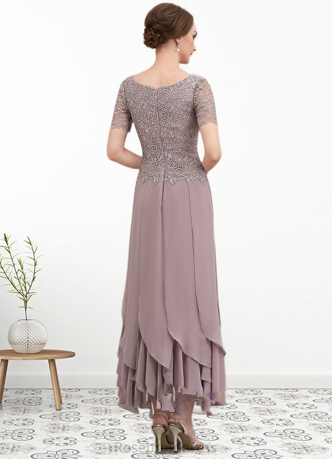 Kaitlynn A-Line Scoop Neck Ankle-Length Chiffon Lace Mother of the Bride Dress With Cascading Ruffles SRSP0014555