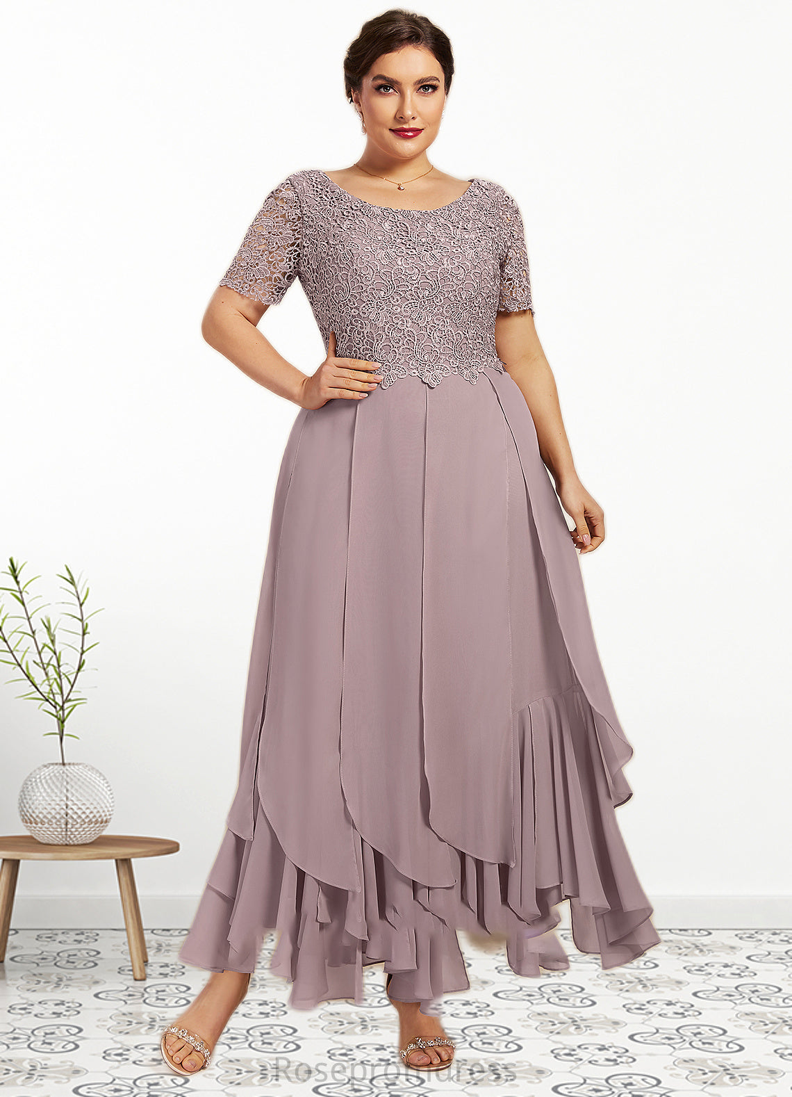 Kaitlynn A-Line Scoop Neck Ankle-Length Chiffon Lace Mother of the Bride Dress With Cascading Ruffles SRSP0014555