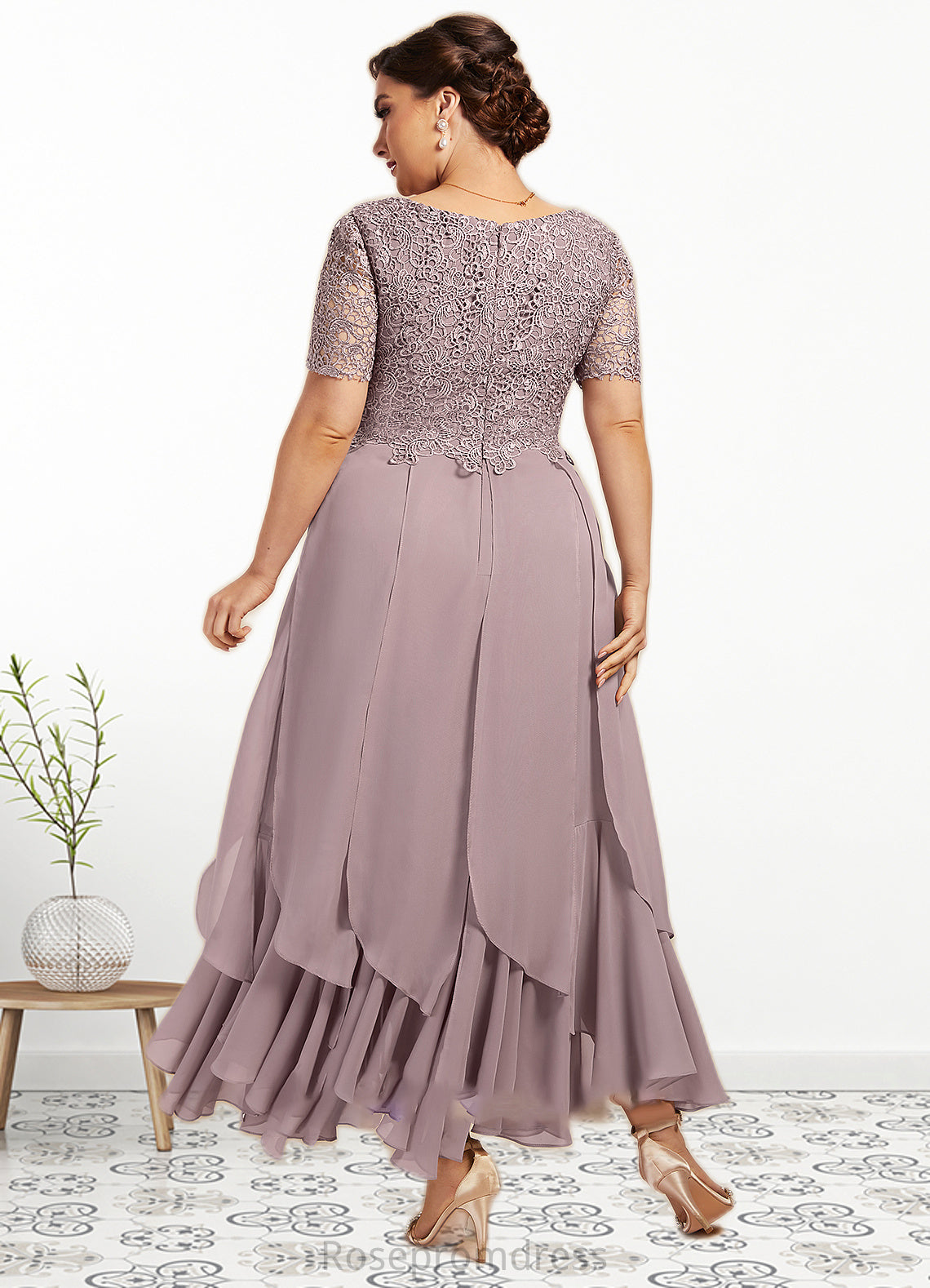 Kaitlynn A-Line Scoop Neck Ankle-Length Chiffon Lace Mother of the Bride Dress With Cascading Ruffles SRSP0014555
