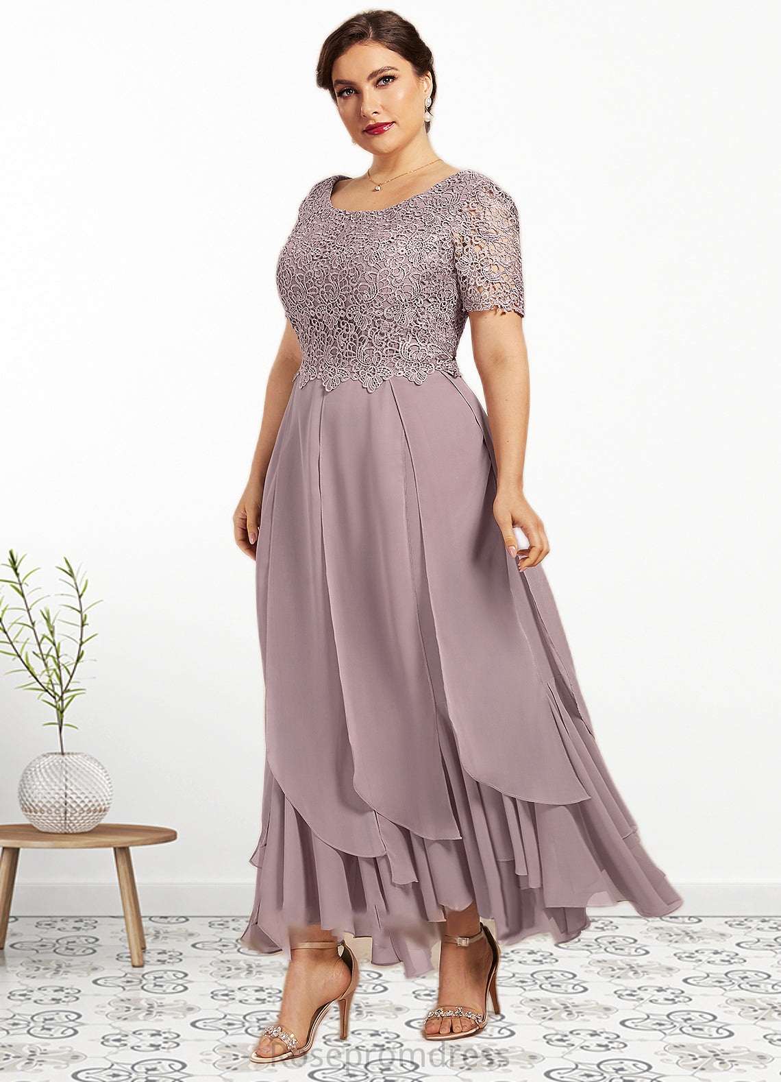 Kaitlynn A-Line Scoop Neck Ankle-Length Chiffon Lace Mother of the Bride Dress With Cascading Ruffles SRSP0014555
