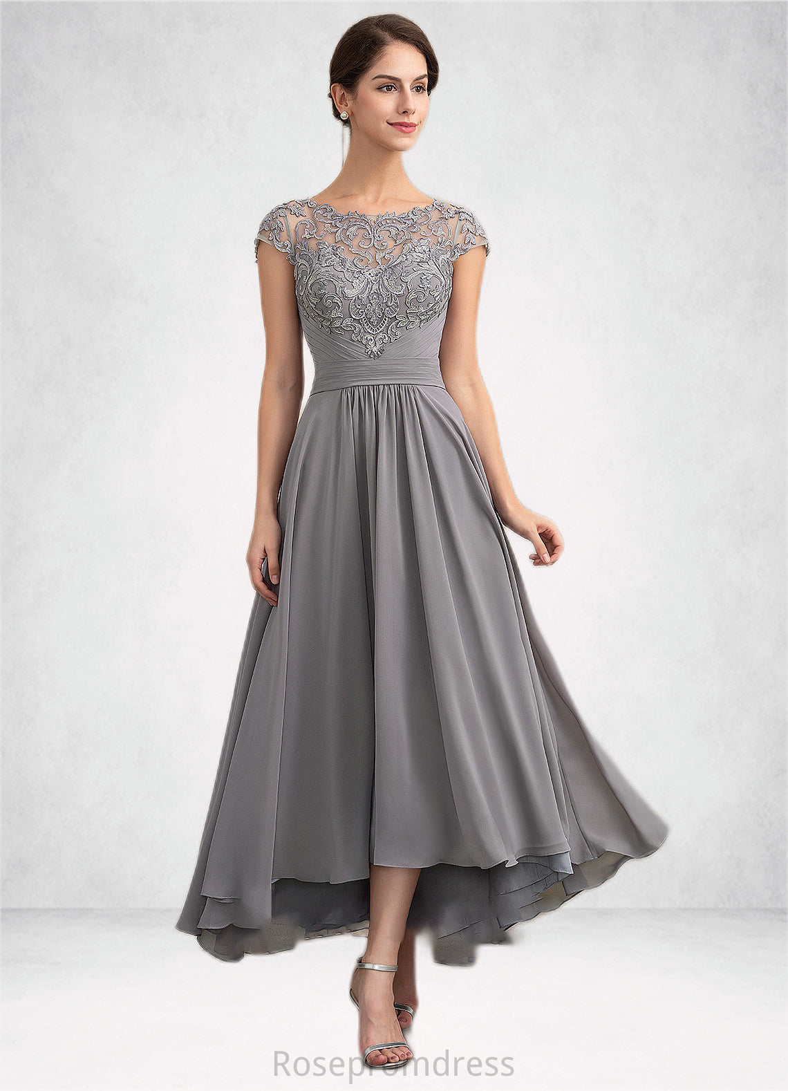 Melanie A-Line Scoop Neck Asymmetrical Chiffon Lace Mother of the Bride Dress SRSP0014556