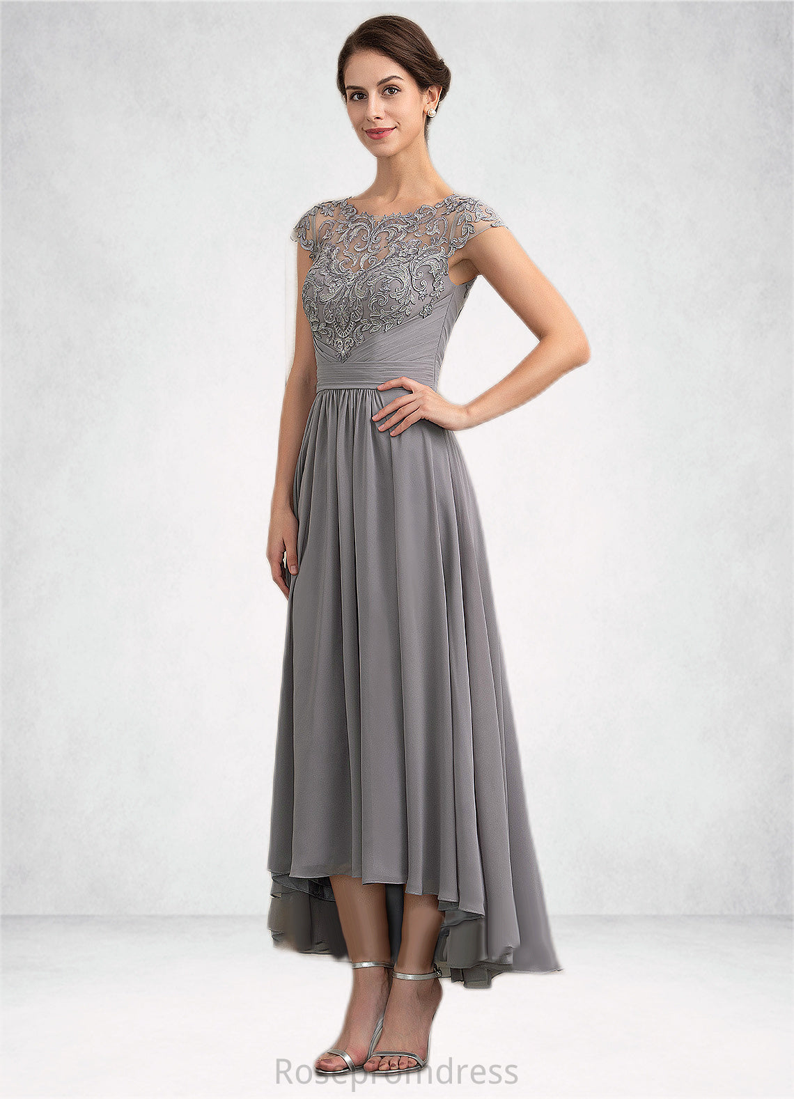 Melanie A-Line Scoop Neck Asymmetrical Chiffon Lace Mother of the Bride Dress SRSP0014556