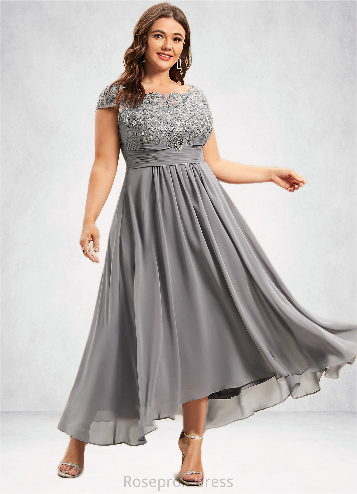 Melanie A-Line Scoop Neck Asymmetrical Chiffon Lace Mother of the Bride Dress SRSP0014556