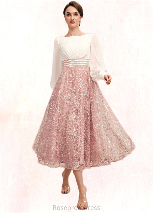 Moira A-Line Scoop Neck Tea-Length Chiffon Lace Mother of the Bride Dress With Beading SRSP0014557