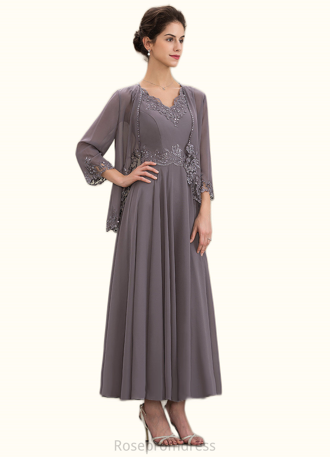 Makenna A-line V-Neck Ankle-Length Chiffon Mother of the Bride Dress With Beading Appliques Lace Sequins SRSP0014558