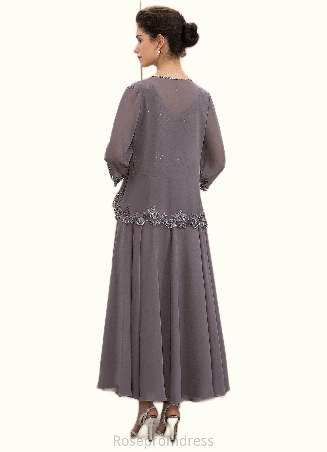 Makenna A-line V-Neck Ankle-Length Chiffon Mother of the Bride Dress With Beading Appliques Lace Sequins SRSP0014558