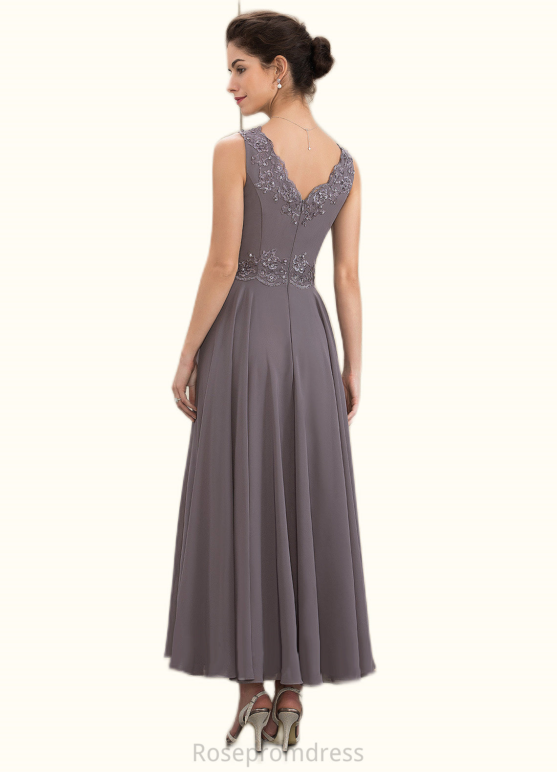 Makenna A-line V-Neck Ankle-Length Chiffon Mother of the Bride Dress With Beading Appliques Lace Sequins SRSP0014558