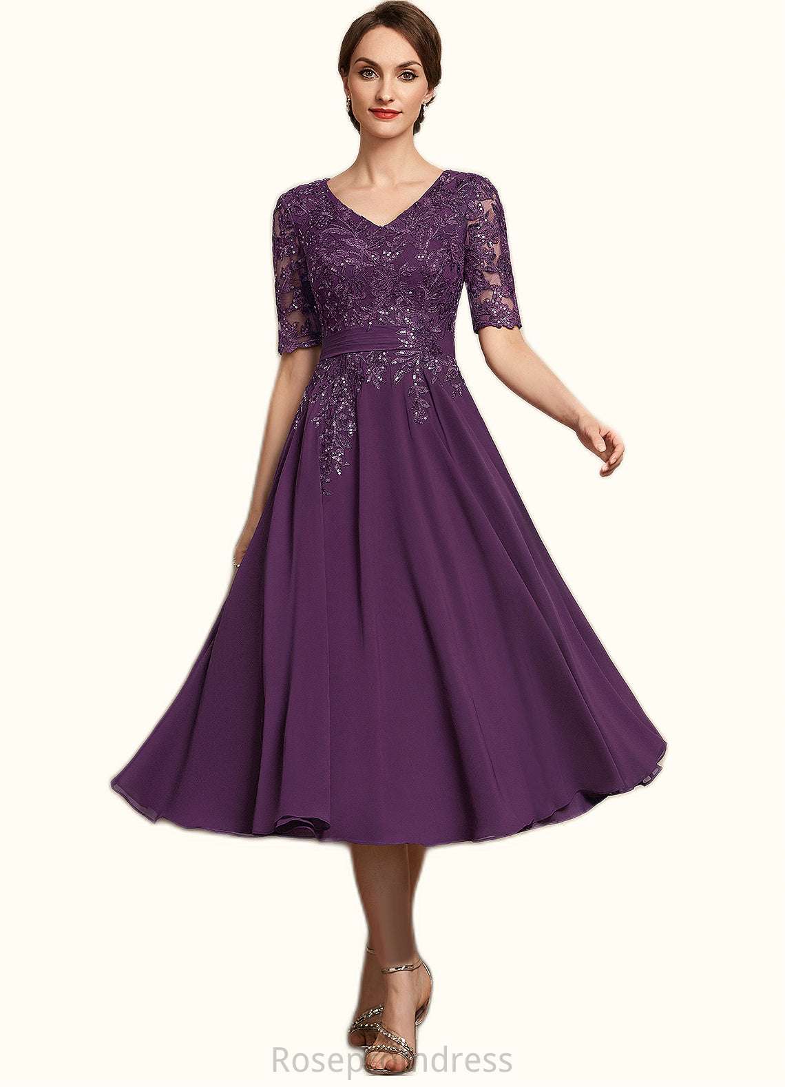 Lila A-line V-Neck Tea-Length Chiffon Lace Mother of the Bride Dress With Sequins SRSP0014561