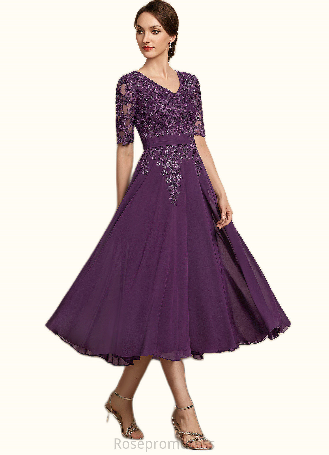 Lila A-line V-Neck Tea-Length Chiffon Lace Mother of the Bride Dress With Sequins SRSP0014561