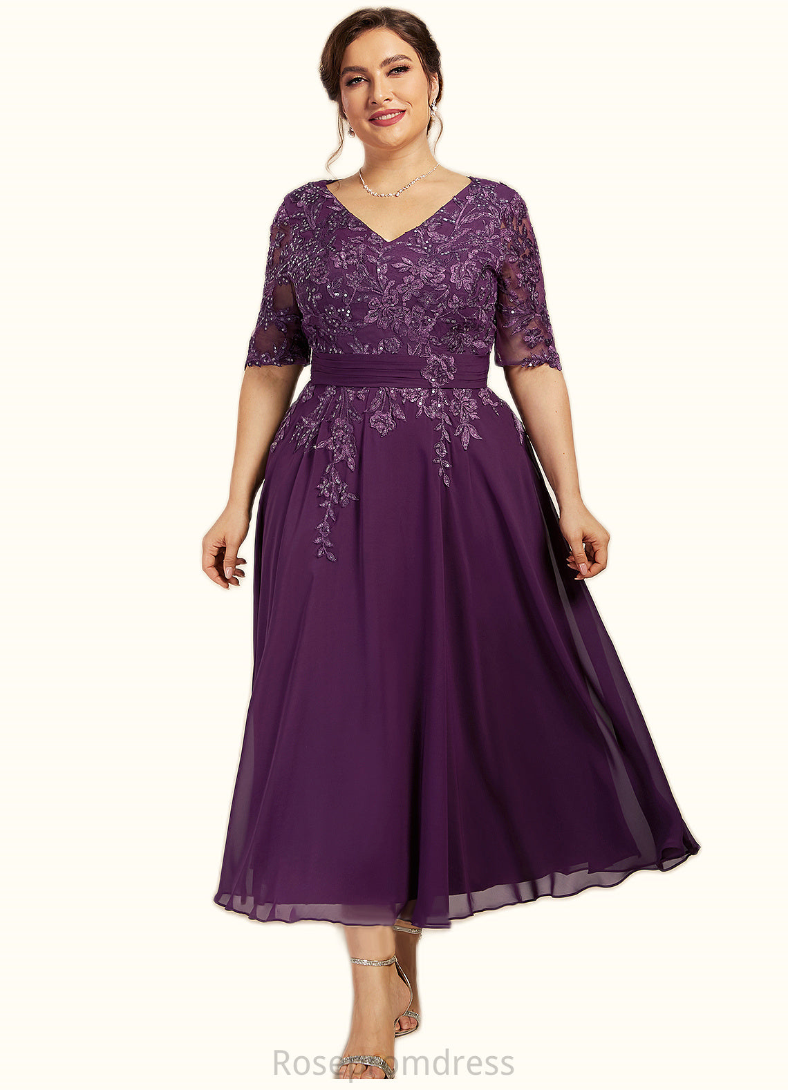 Lila A-line V-Neck Tea-Length Chiffon Lace Mother of the Bride Dress With Sequins SRSP0014561