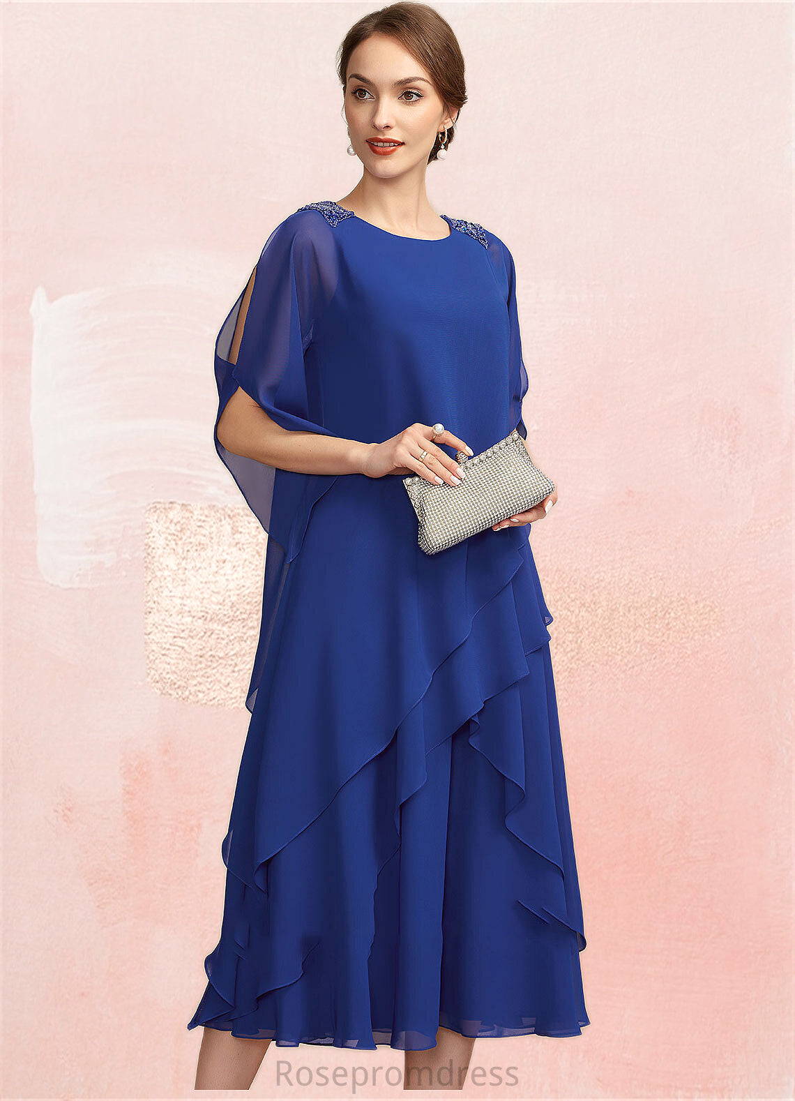 Izabelle A-Line Scoop Neck Tea-Length Chiffon Mother of the Bride Dress With Beading Sequins Cascading Ruffles SRSP0014562