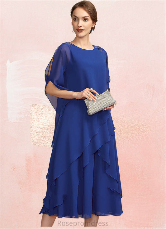 Izabelle A-Line Scoop Neck Tea-Length Chiffon Mother of the Bride Dress With Beading Sequins Cascading Ruffles SRSP0014562