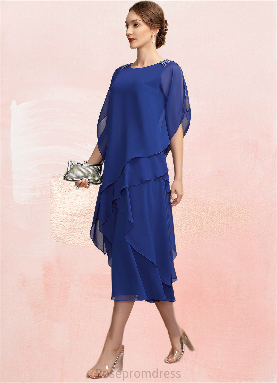 Izabelle A-Line Scoop Neck Tea-Length Chiffon Mother of the Bride Dress With Beading Sequins Cascading Ruffles SRSP0014562