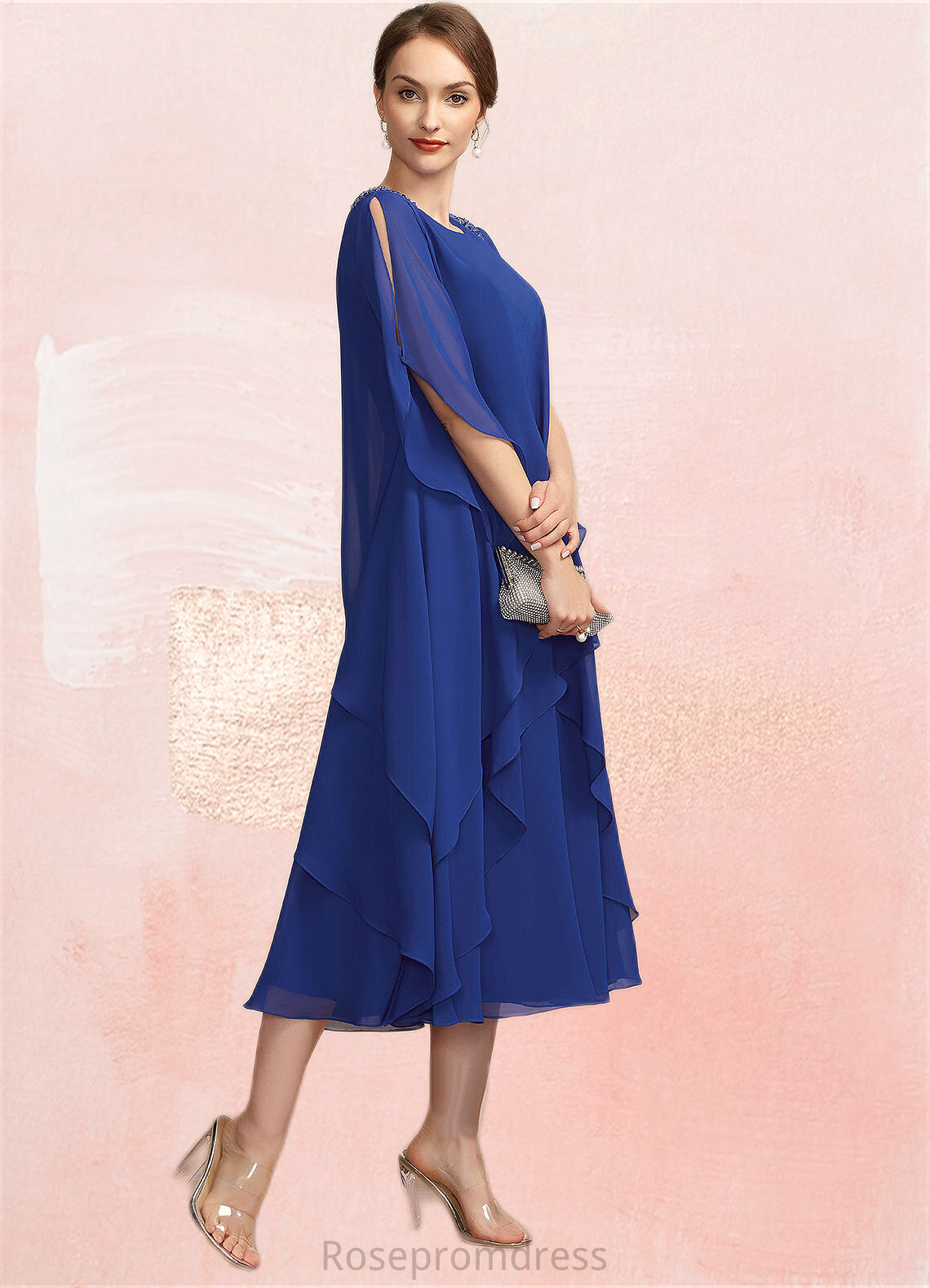 Izabelle A-Line Scoop Neck Tea-Length Chiffon Mother of the Bride Dress With Beading Sequins Cascading Ruffles SRSP0014562