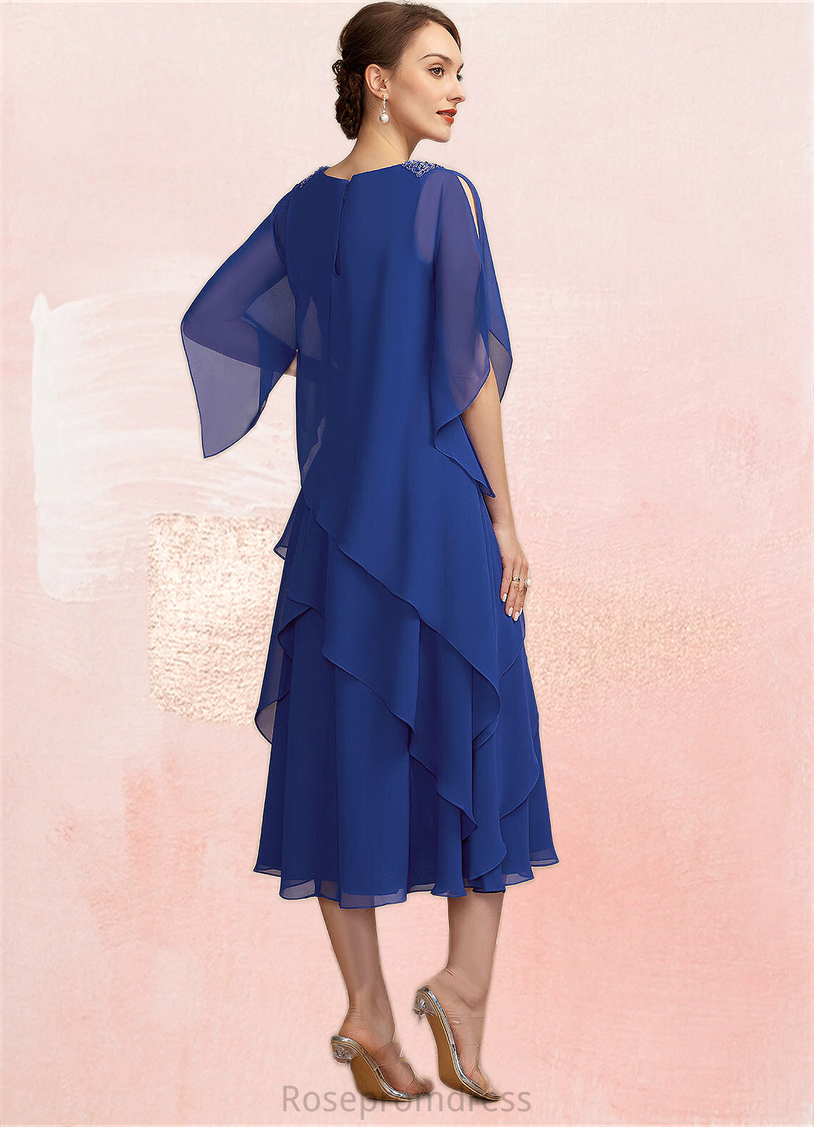 Izabelle A-Line Scoop Neck Tea-Length Chiffon Mother of the Bride Dress With Beading Sequins Cascading Ruffles SRSP0014562